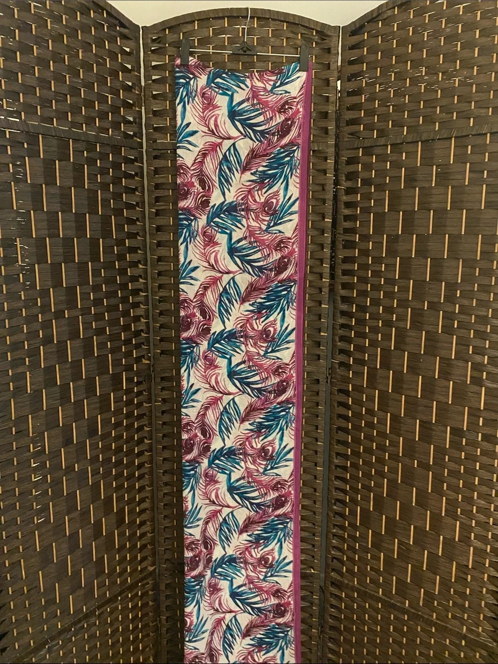Tommy Bahama Fuchsia and Teal Feather Print Scarf Wrap Silk/Modal Blend